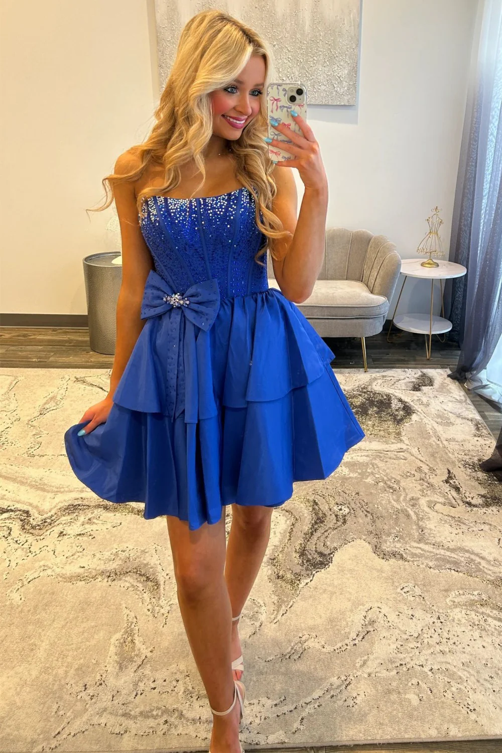 Strapless Royal Blue Tiered Homecoming Dress with Beading Bodice and Bow Detail - Image 5