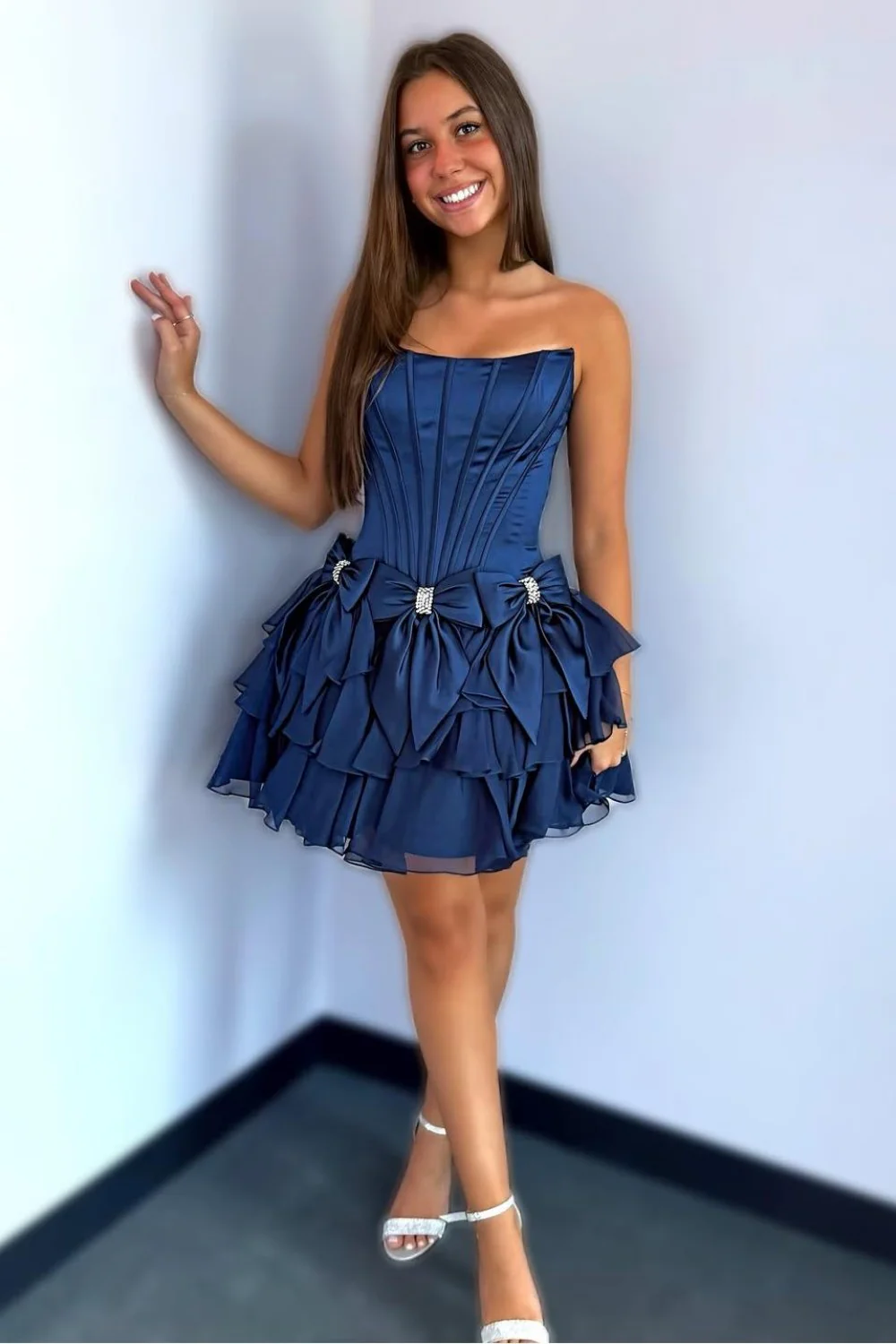 Strapless Ruffle Tiered Homecoming Dress with Satin Bows and Rhinestone Accents - Image 12