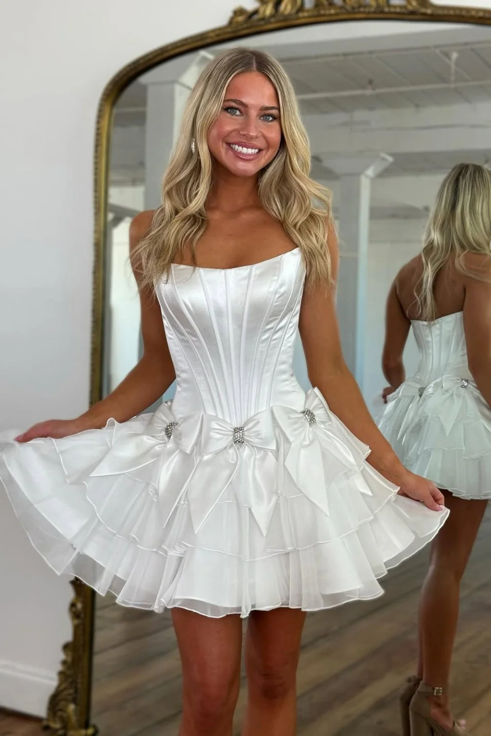 Strapless Ruffle Tiered Homecoming Dress with Satin Bows and Rhinestone Accents - Image 19