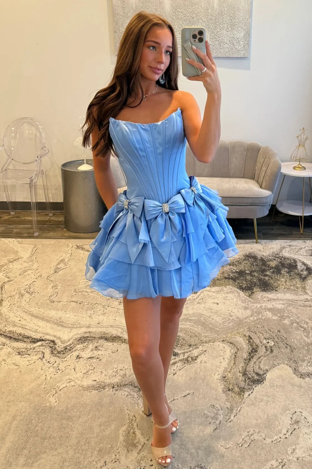 Strapless Ruffle Tiered Homecoming Dress with Satin Bows and Rhinestone Accents - Image 7