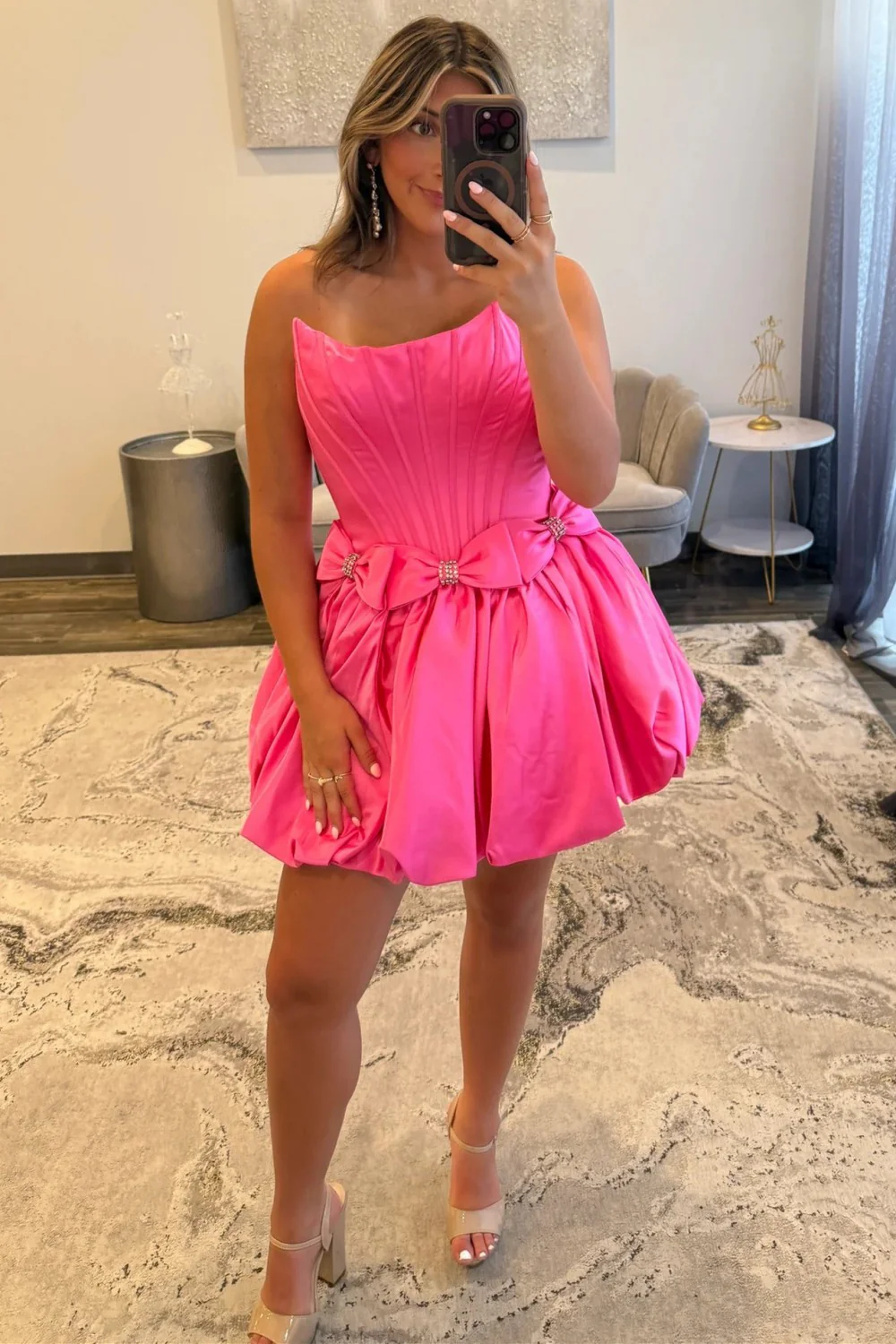 Strapless Satin Bubble Hem A-Line Homecoming Dress with Bow Accents - Image 10