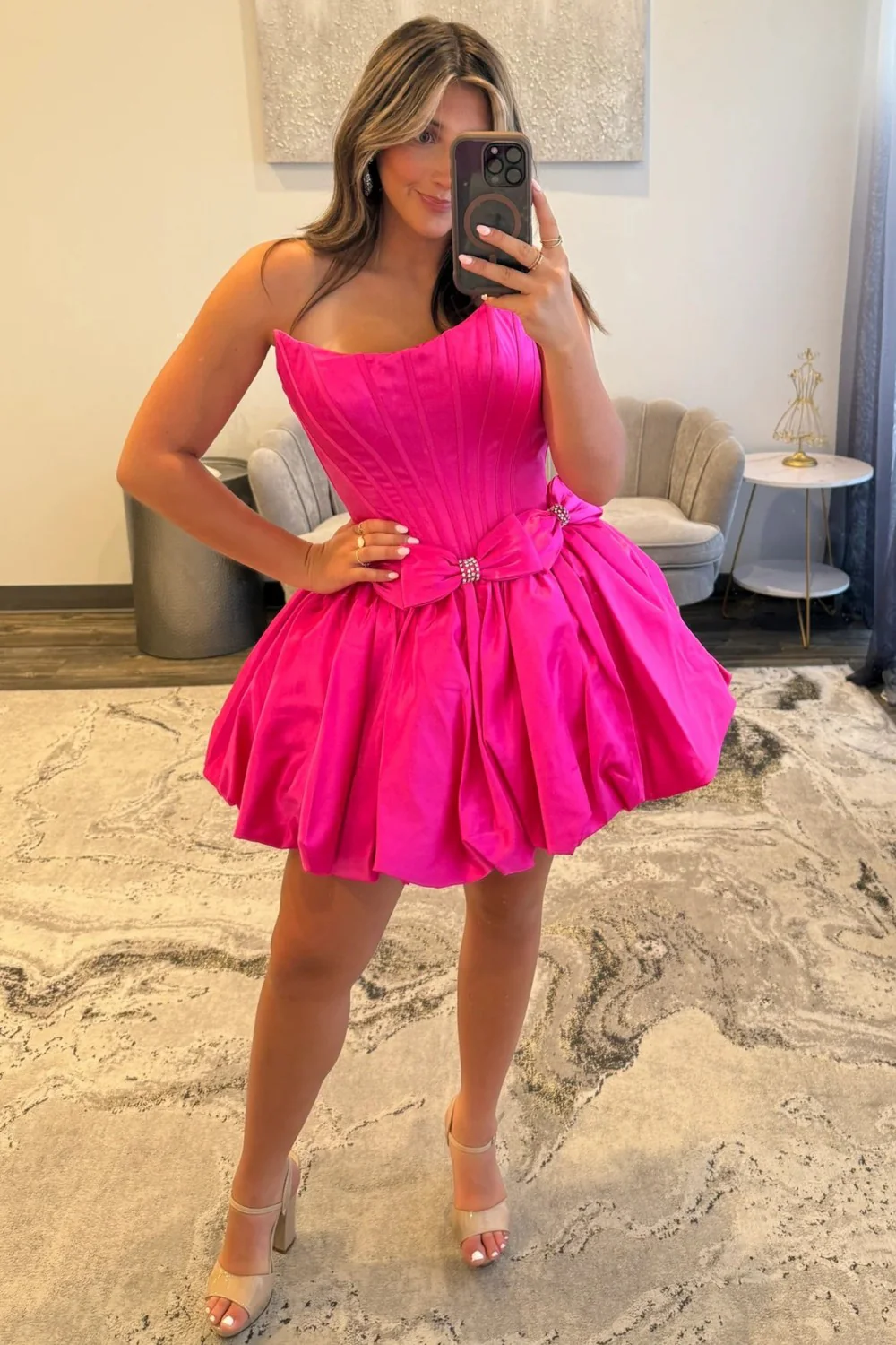 Strapless Satin Bubble Hem A-Line Homecoming Dress with Bow Accents - Image 13