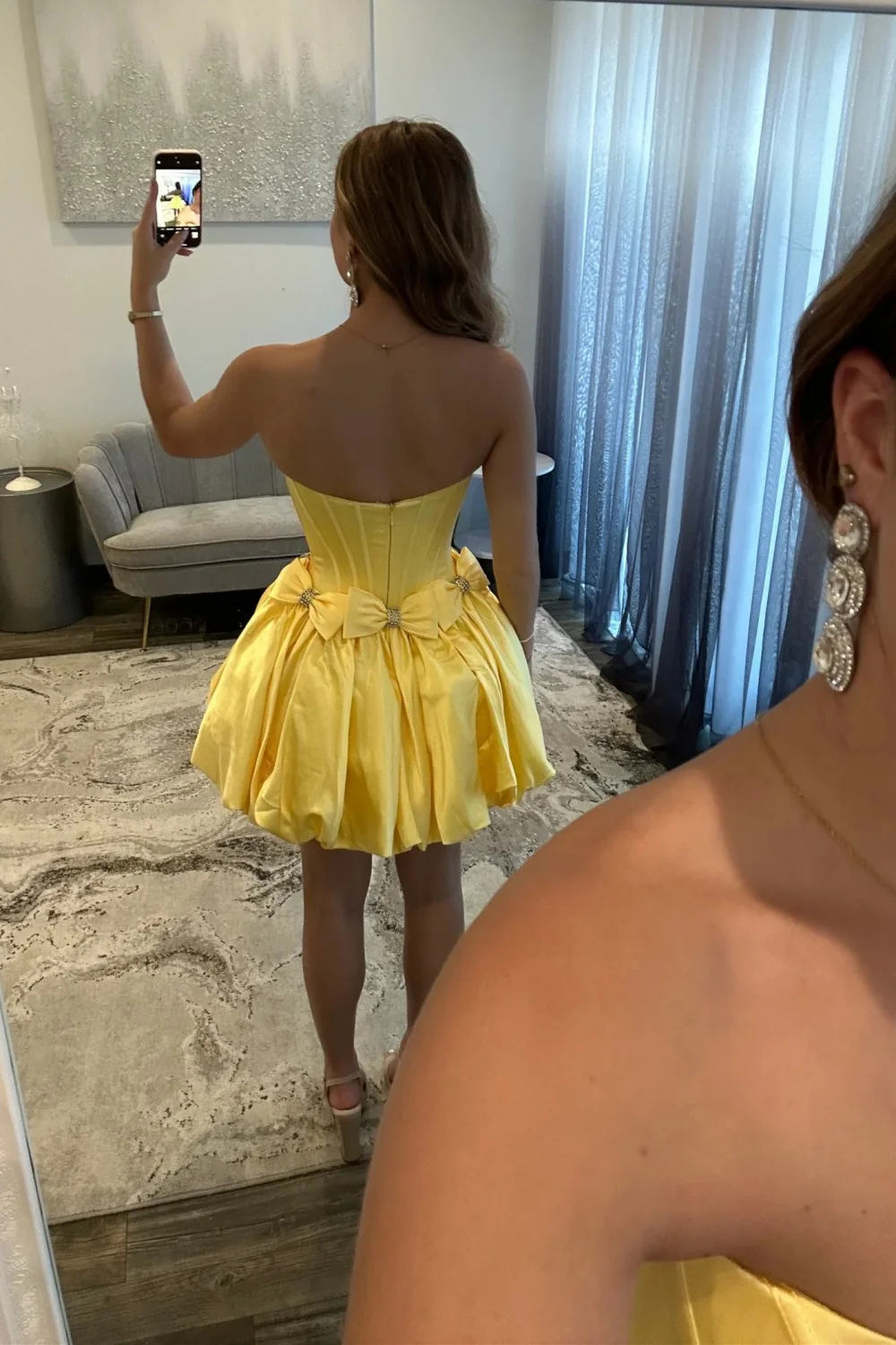 Strapless Satin Bubble Hem A-Line Homecoming Dress with Bow Accents - Image 4