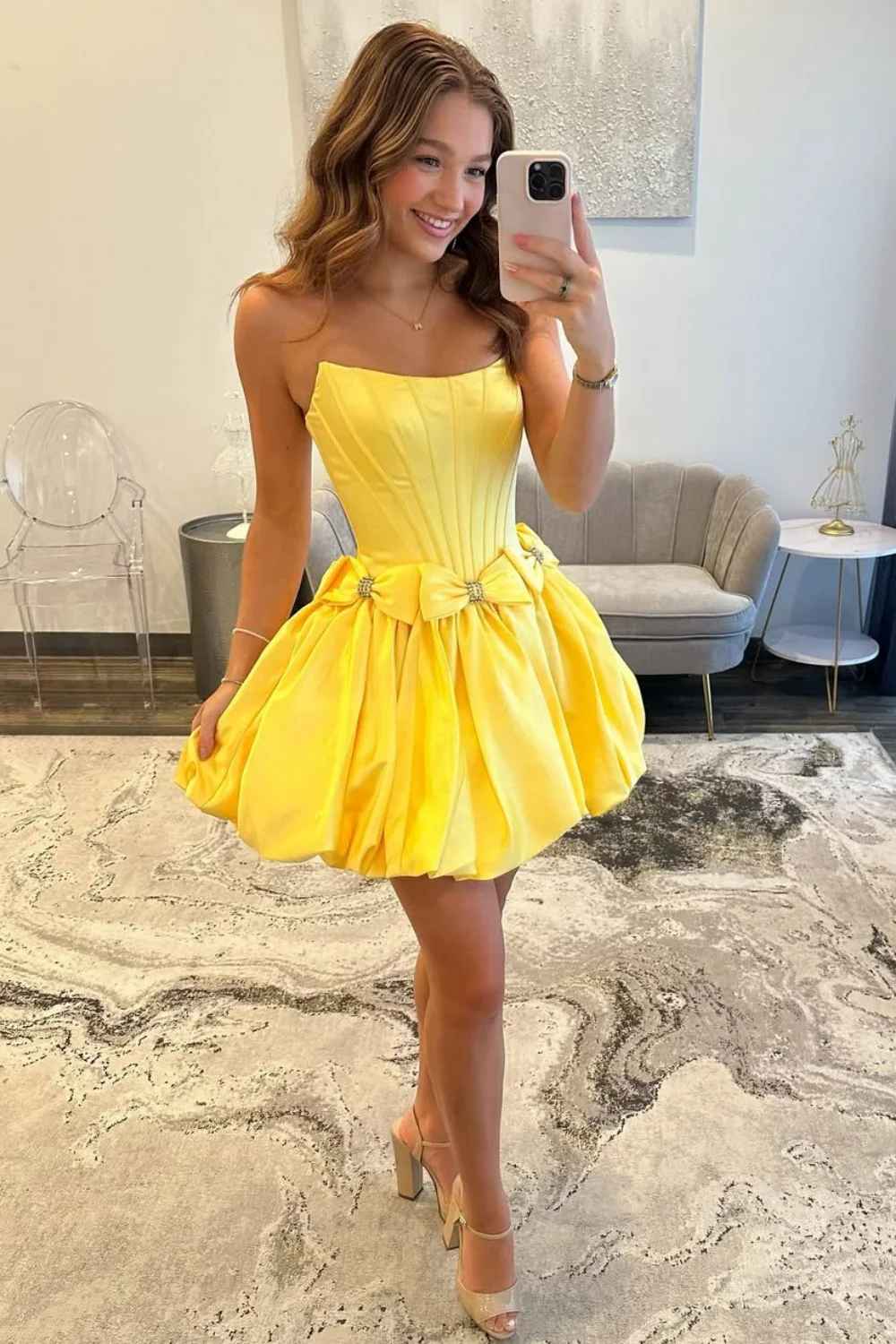 Strapless Satin Bubble Hem A-Line Homecoming Dress with Bow Accents - Image 5