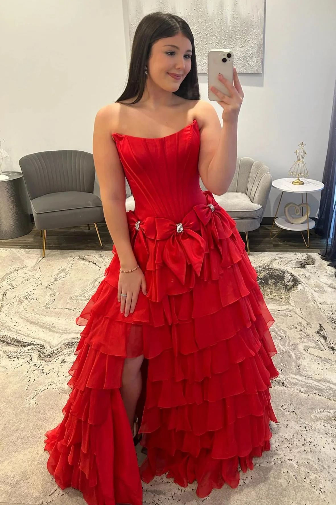 Strapless Tiered Princess A-Line Prom Dress with Slit and Bow - Image 19