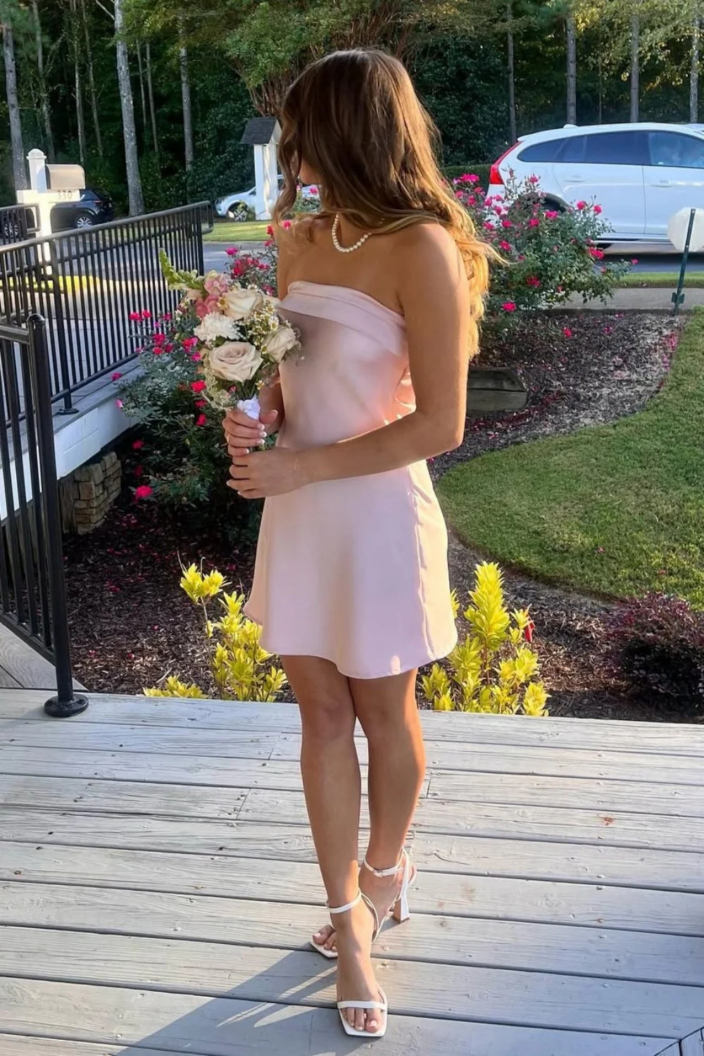 Stunning A Line Strapless Light Pink Mini Party Dress with Ruched - Image 3
