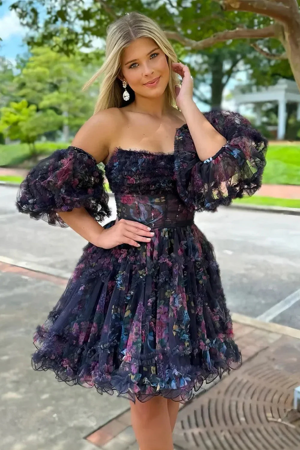 Stunning Floral Print A Line Homecoming Dress with Tulle Fabric and Removable Sleeves - Image 6
