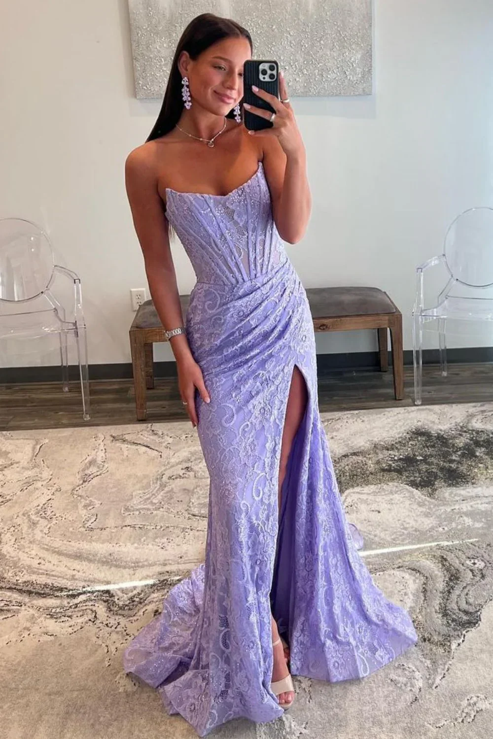 Stunning Glitter Mermaid Strapless Sweep Train Long Lace Prom Dress With Slit - Image 4