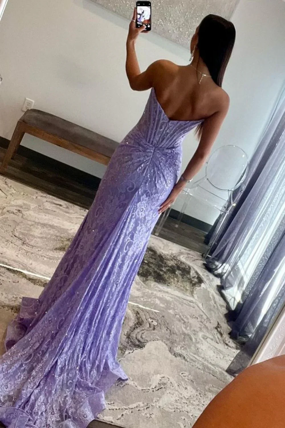 Stunning Glitter Mermaid Strapless Sweep Train Long Lace Prom Dress With Slit - Image 5