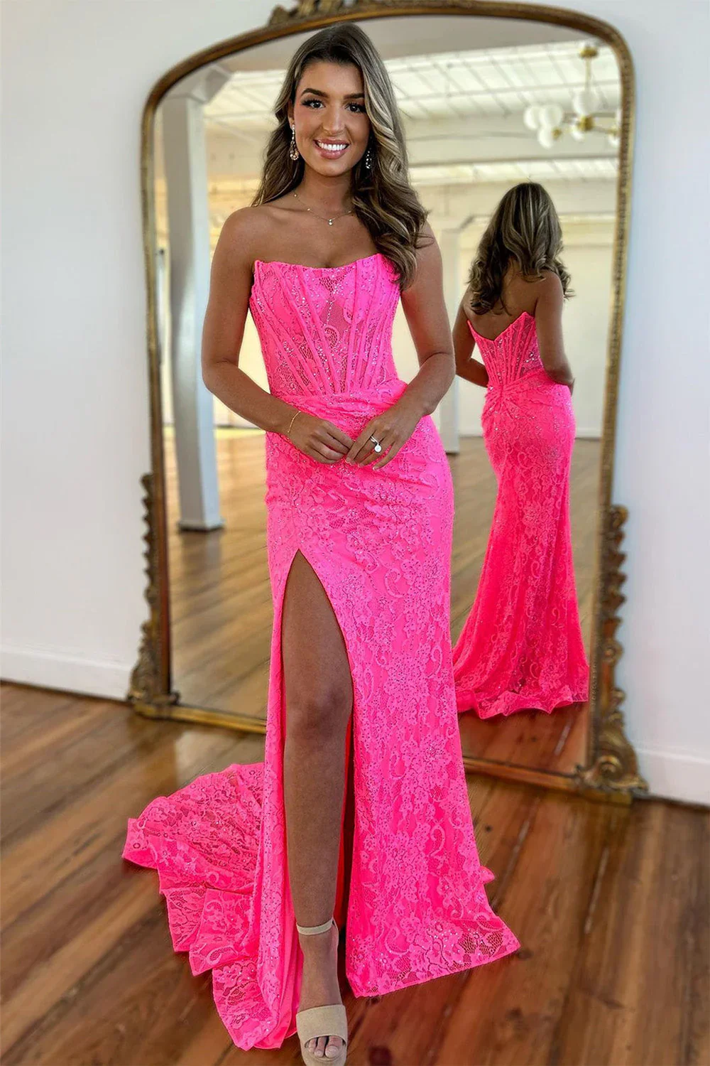 Stunning Glitter Mermaid Strapless Sweep Train Long Lace Prom Dress With Slit - Image 6