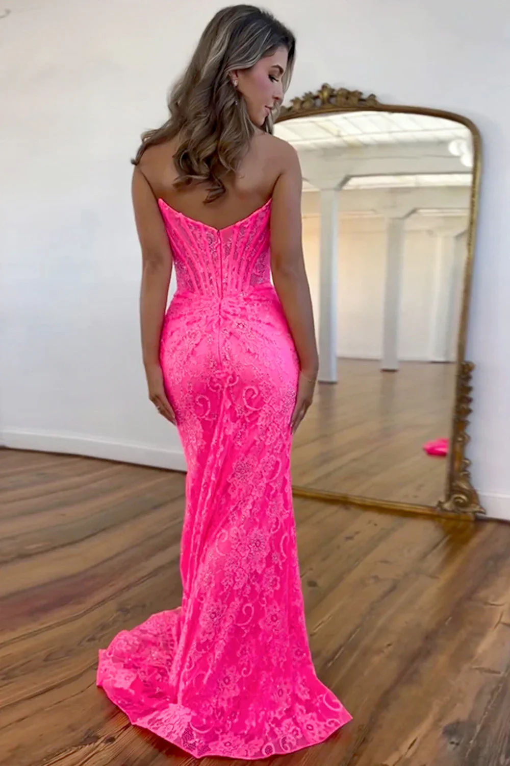 Stunning Glitter Mermaid Strapless Sweep Train Long Lace Prom Dress With Slit - Image 8
