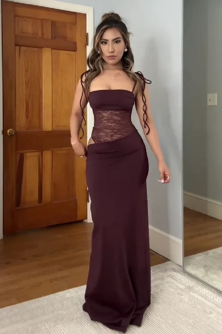Stunning Mermaid Spaghetti Straps Brown Long Party Dress with Lace - Image 2