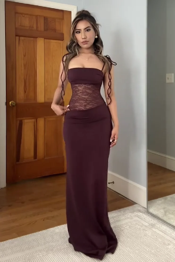 Stunning Mermaid Spaghetti Straps Brown Long Party Dress with Lace - Image 3
