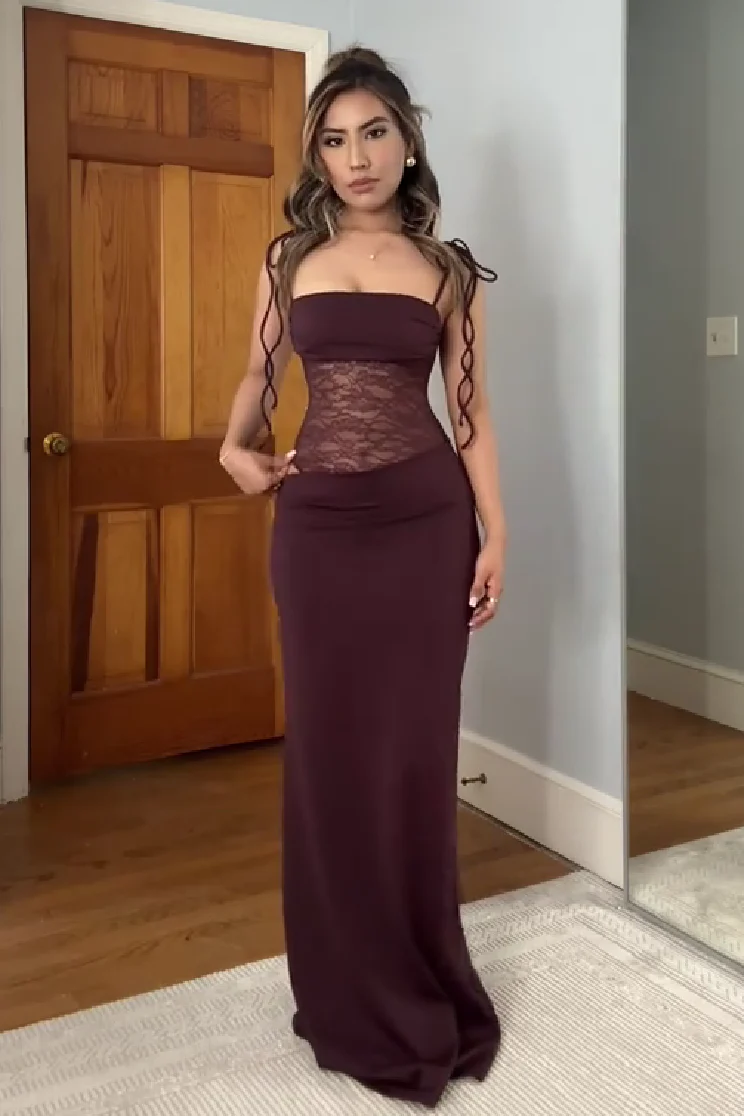 Stunning Mermaid Spaghetti Straps Brown Long Party Dress with Lace - Image 4