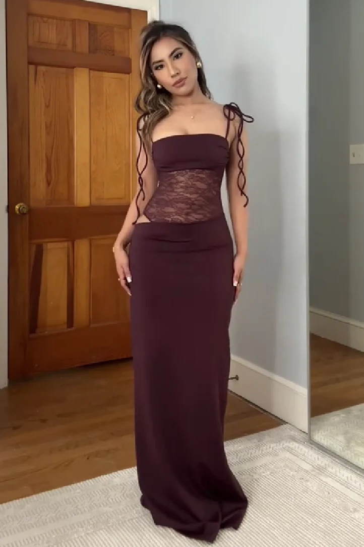 Stunning Mermaid Spaghetti Straps Brown Long Party Dress with Lace - Image 6