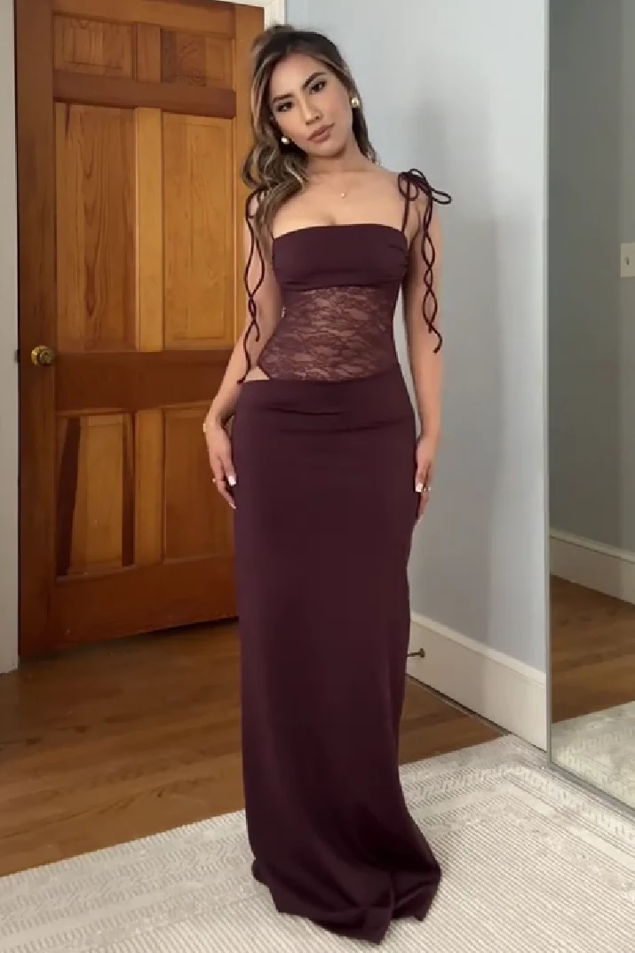 Stunning Mermaid Spaghetti Straps Brown Long Party Dress with Lace - Image 7