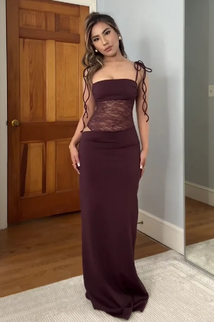 Stunning Mermaid Spaghetti Straps Brown Long Party Dress with Lace - Image 8