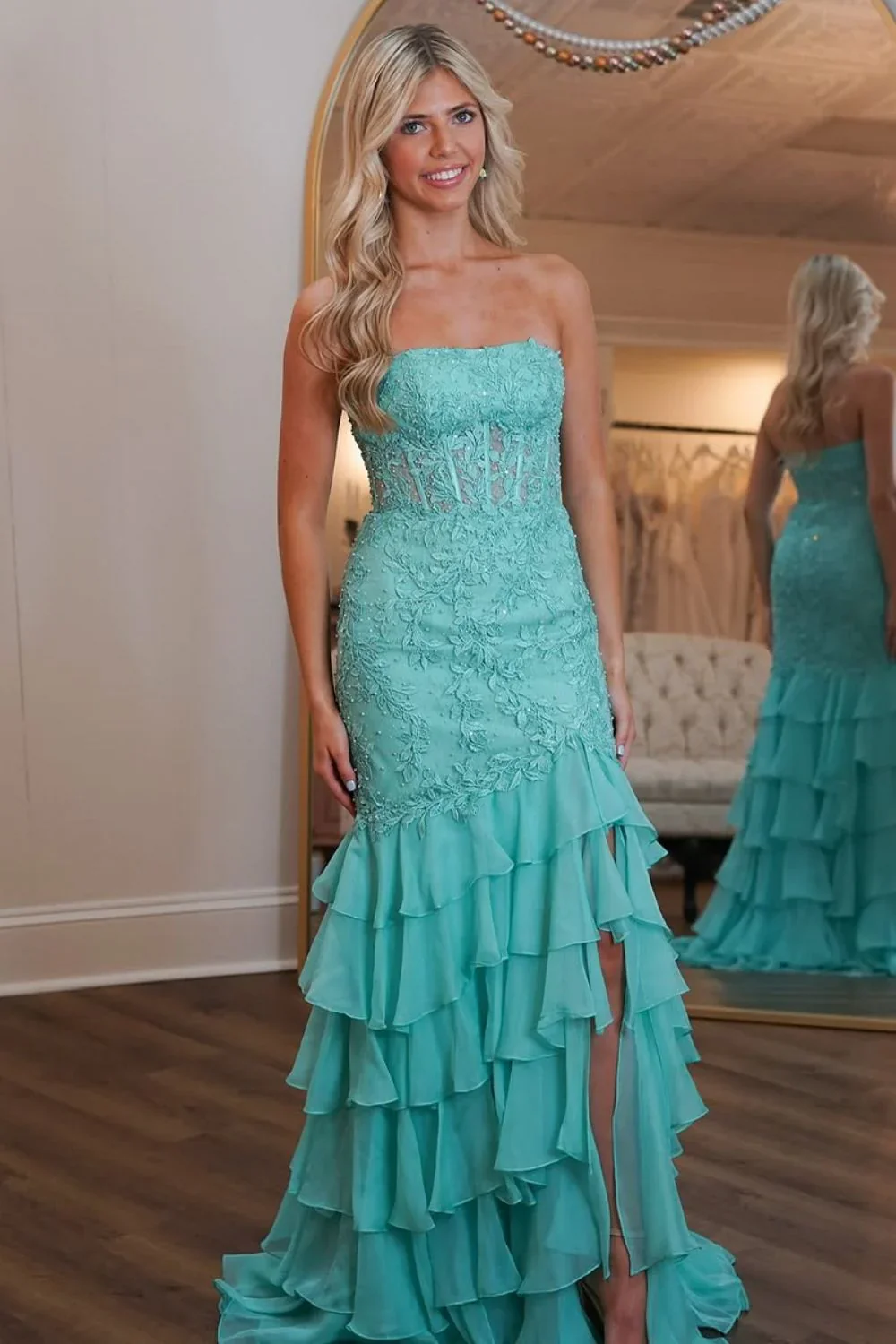 Stunning Mermaid Strapless Zipper Back Lace Corset Prom Dress with Ruffle Skirt - Image 3