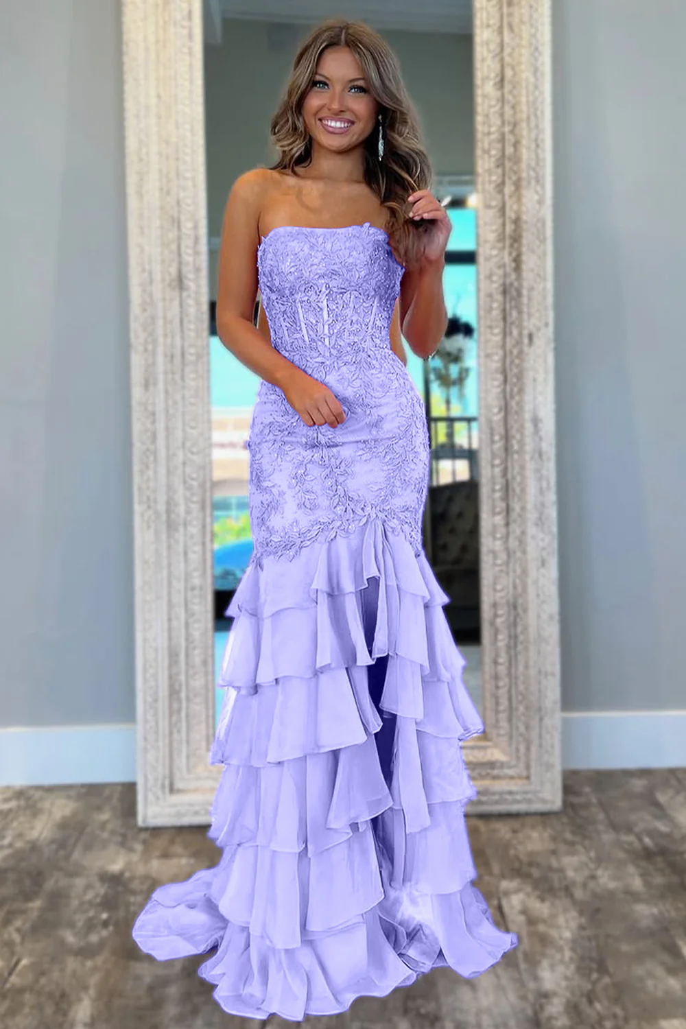 Stunning Mermaid Strapless Zipper Back Lace Corset Prom Dress with Ruffle Skirt - Image 6