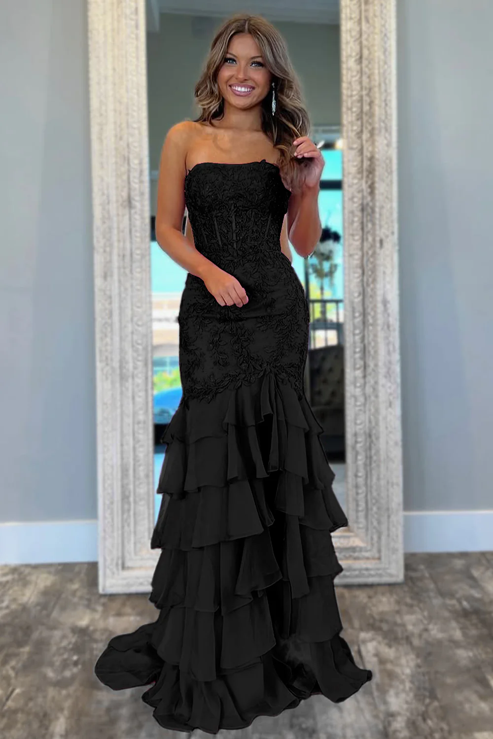 Stunning Mermaid Strapless Zipper Back Lace Corset Prom Dress with Ruffle Skirt - Image 7