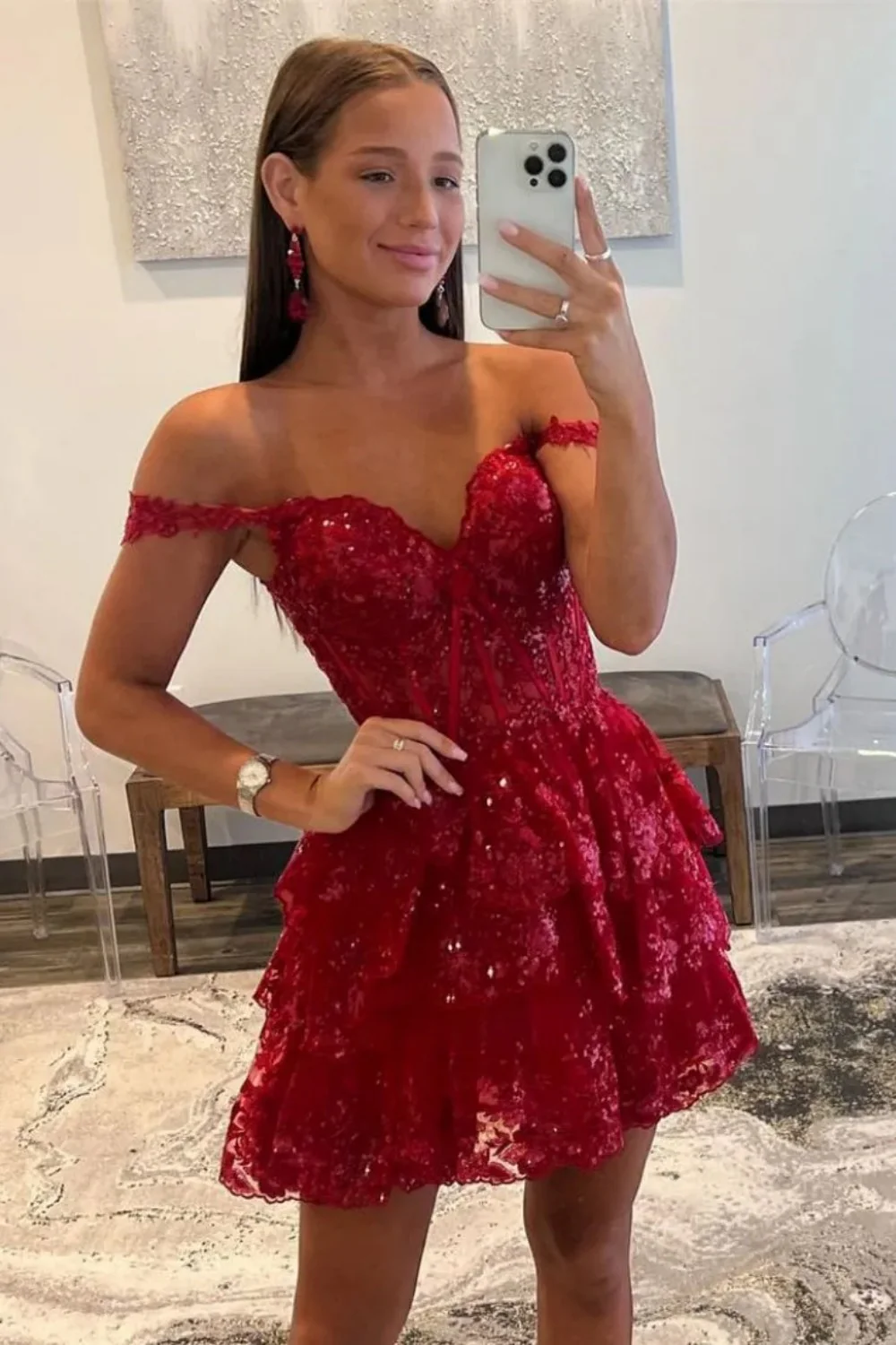 Stunning Off-Shoulder Sequin Lace Homecoming Dress with Corset Bodice and Tiered Skirt - Image 6