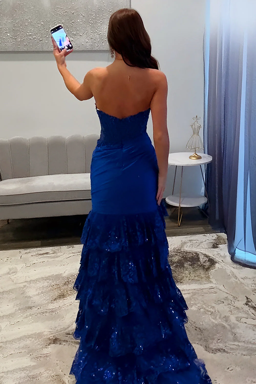 Stunning Satin Mermaid Prom Dress with Strapless Design and Tiered Sequin Ruffle Details - Image 7