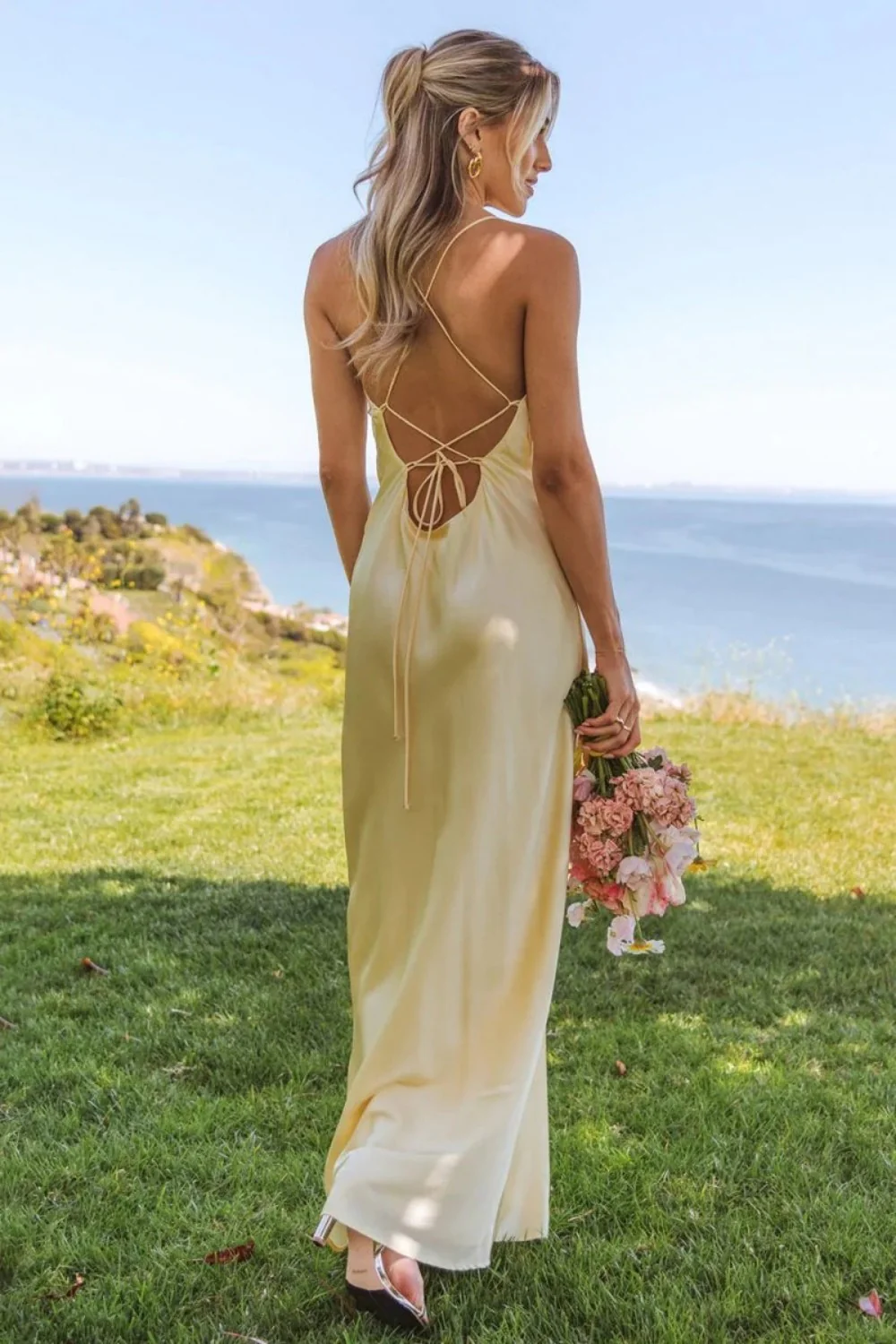 Stunning Sheath Spaghetti Straps Yellow Long Prom Dress with Criss Cross Back - Image 2