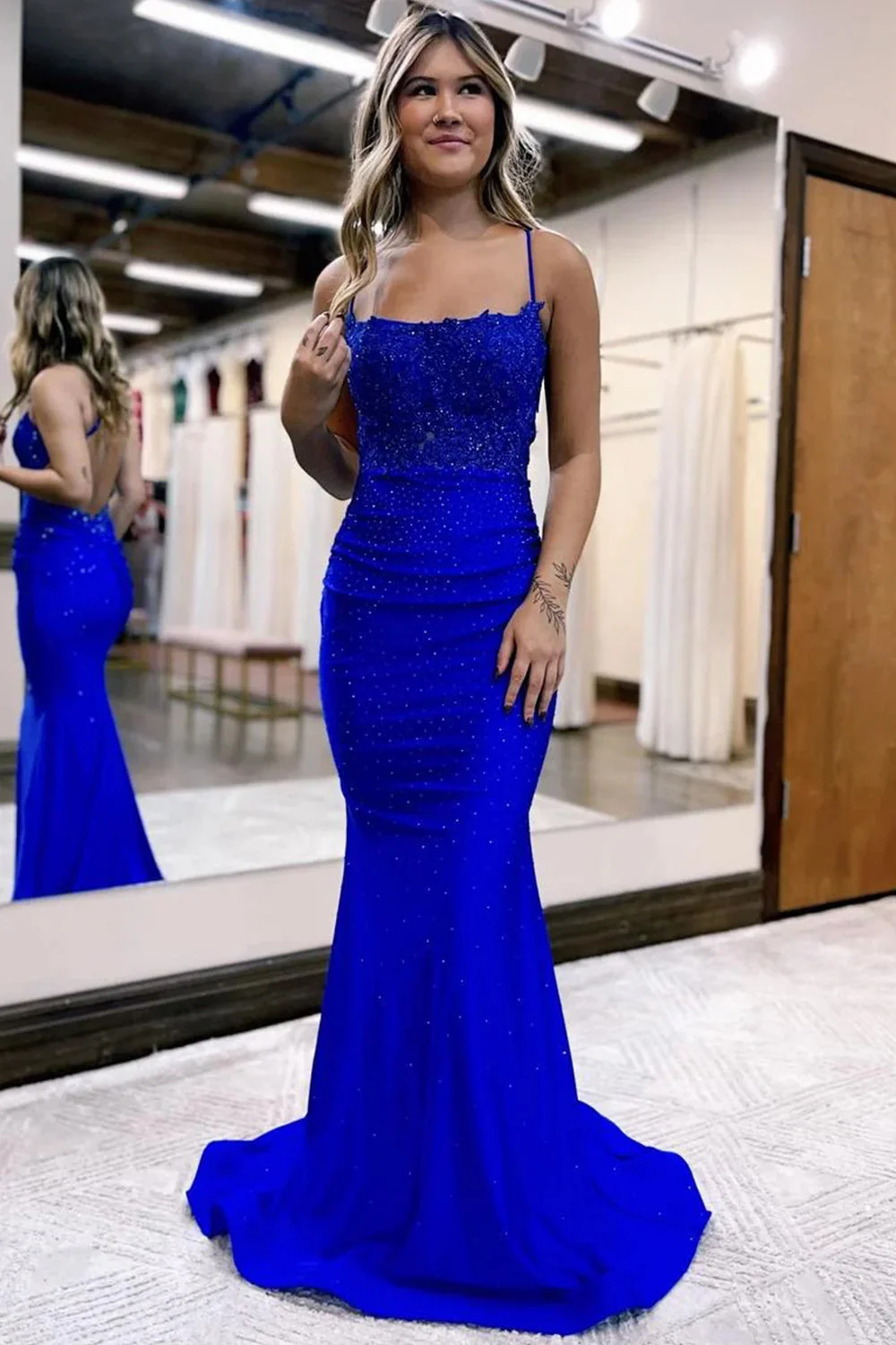 Styish Mermaid Spaghetti Straps Dark Green Long Prom Dress Cross Back with Beading - Image 4