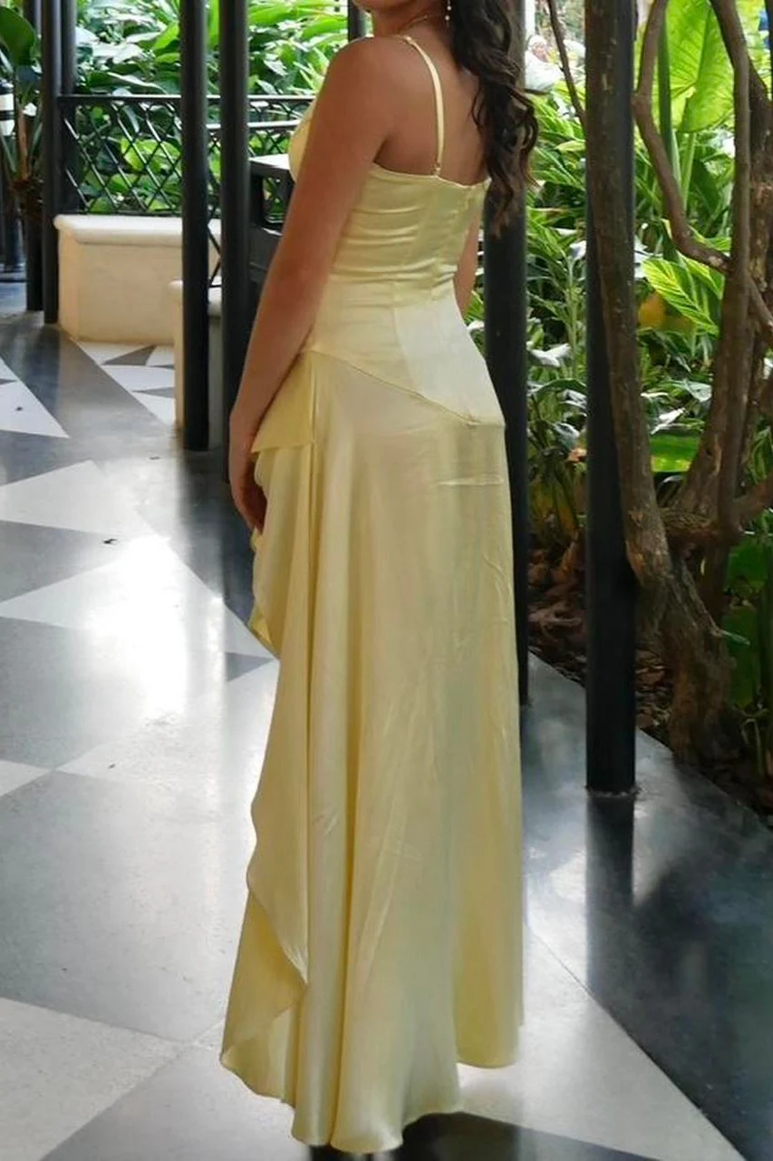 Stylish A Line Spaghetti Straps Yellow Long Prom Dress with Ruffles - Image 2