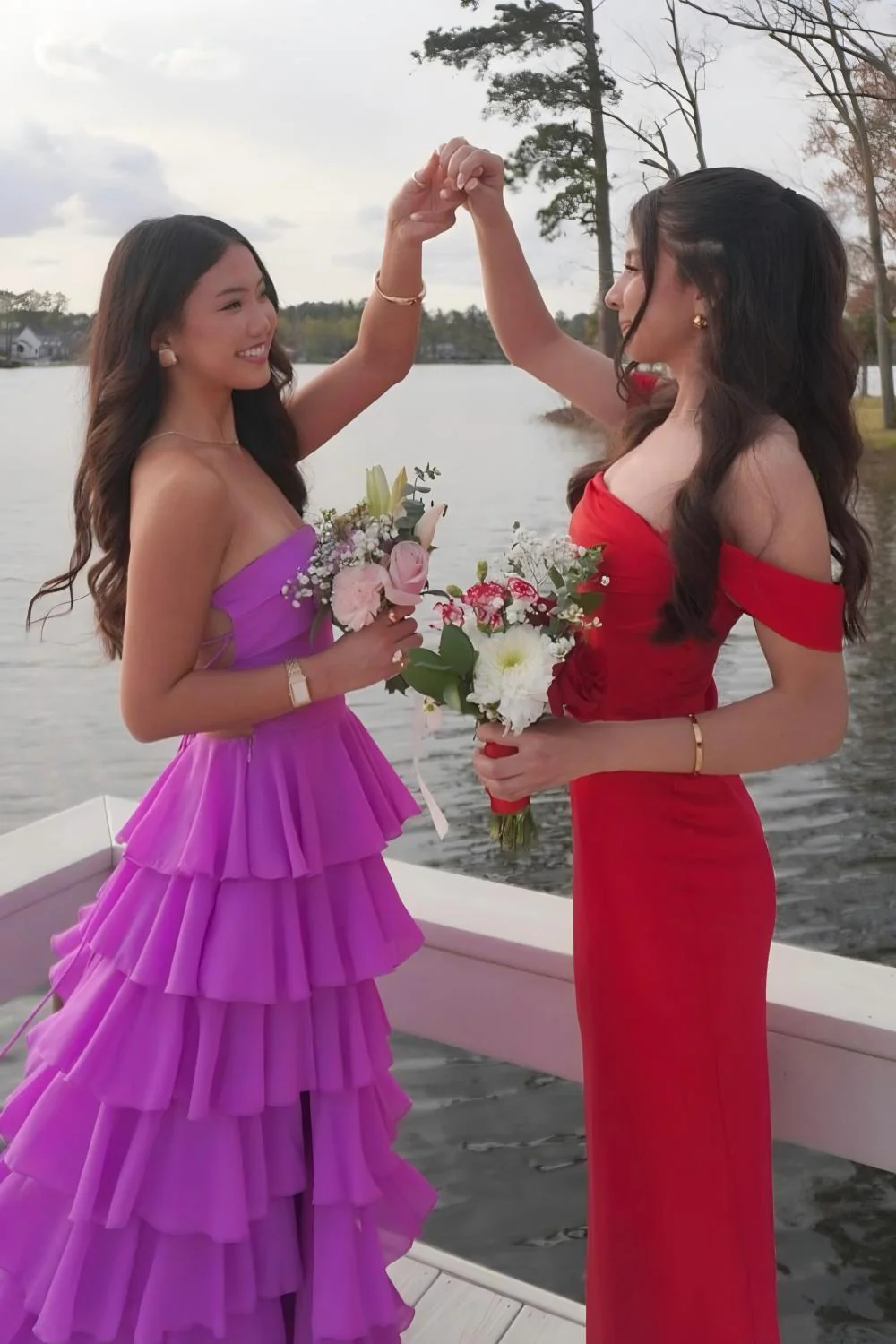 Stylish A Line Strapless Purple Long Prom Dress with Ruffles Split Front - Image 2