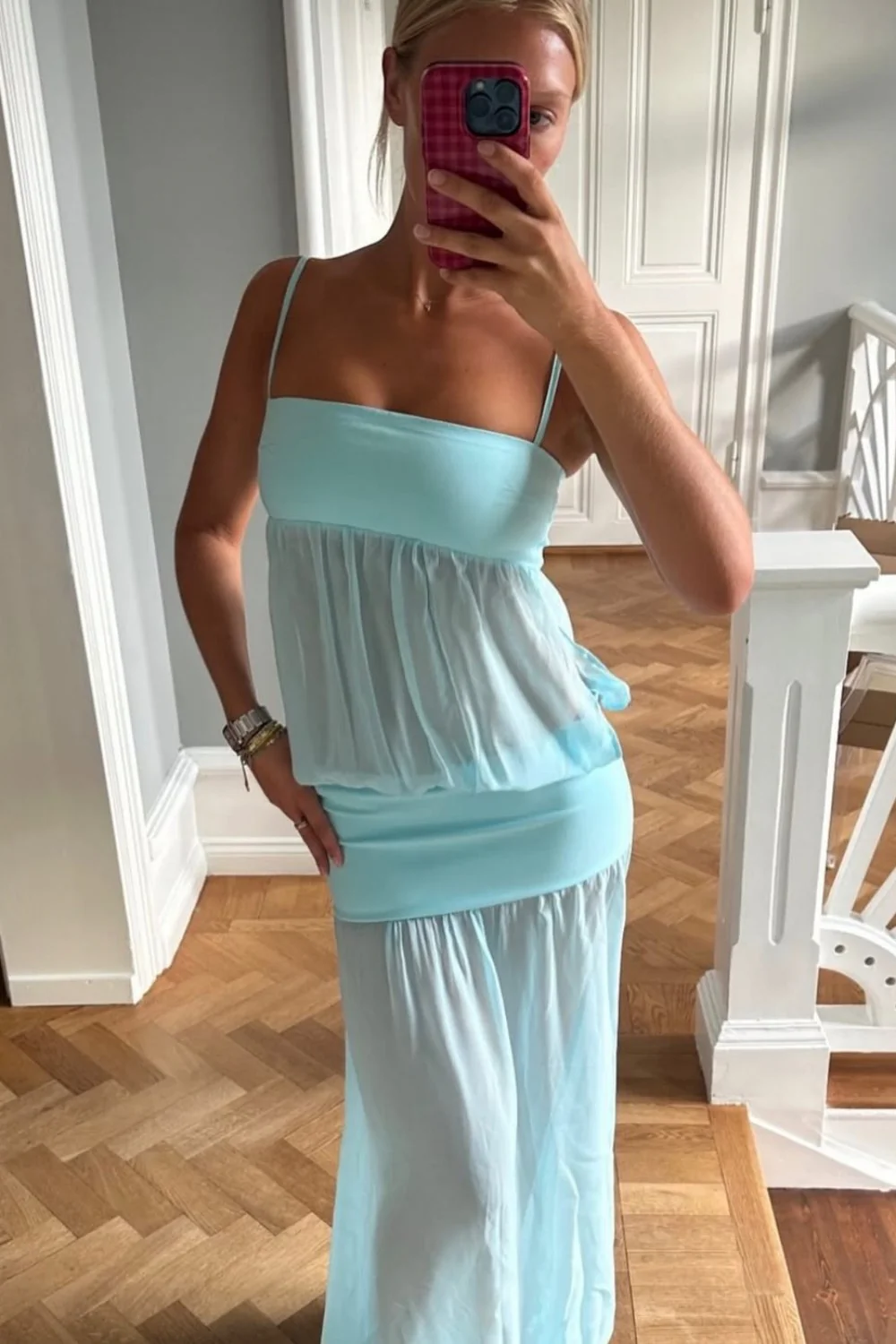 Stylish Mint Green Sheer Spaghetti Straps Chiffon Long Prom Dress - Image 2