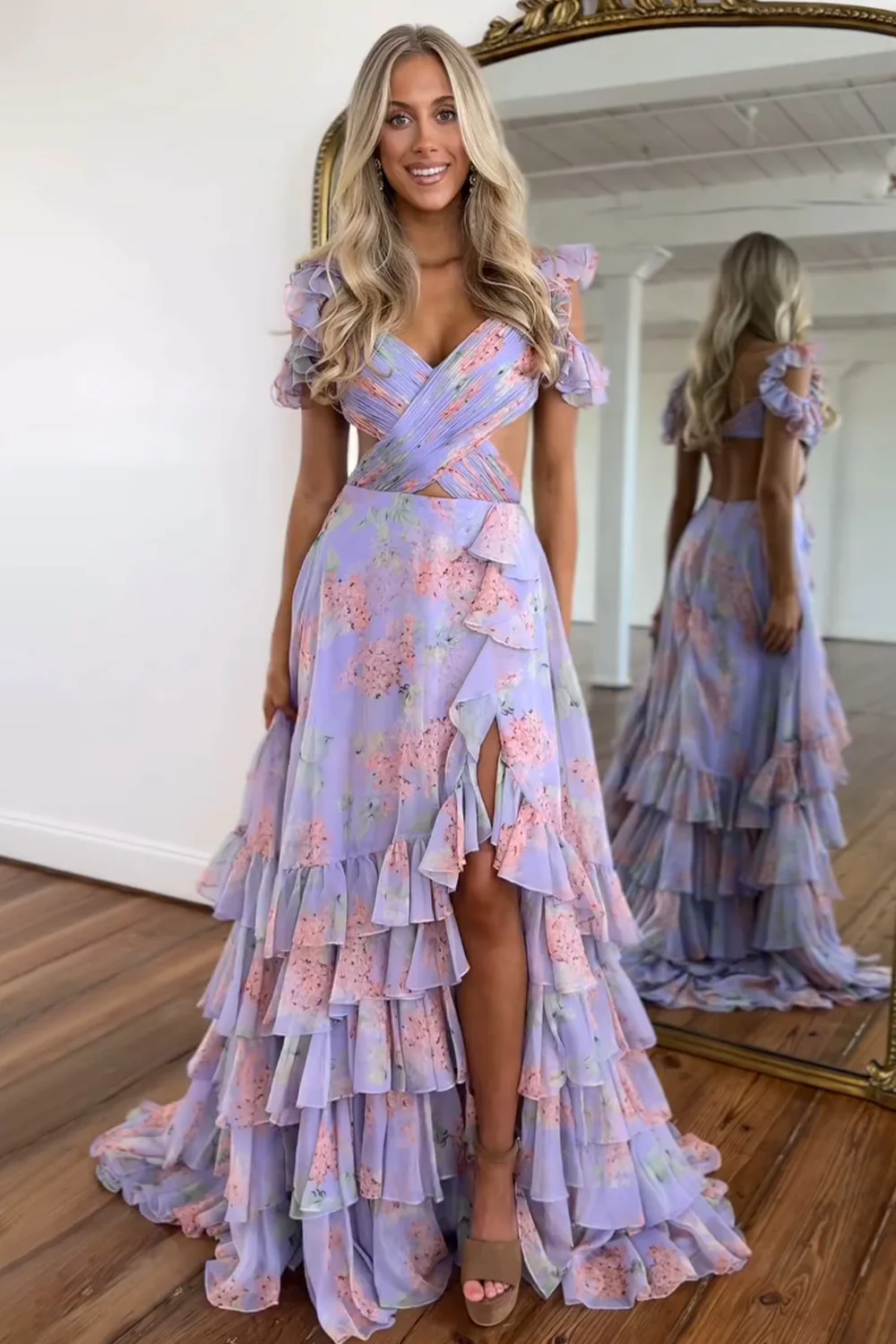 Stylish Purple Print A Line Off The Shoulder Long Layered Prom Dress with Slit - Image 2