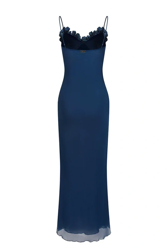 Stylish Sheath Spaghetti Straps Navy Blue Long Party Dress with Flowers - Image 3