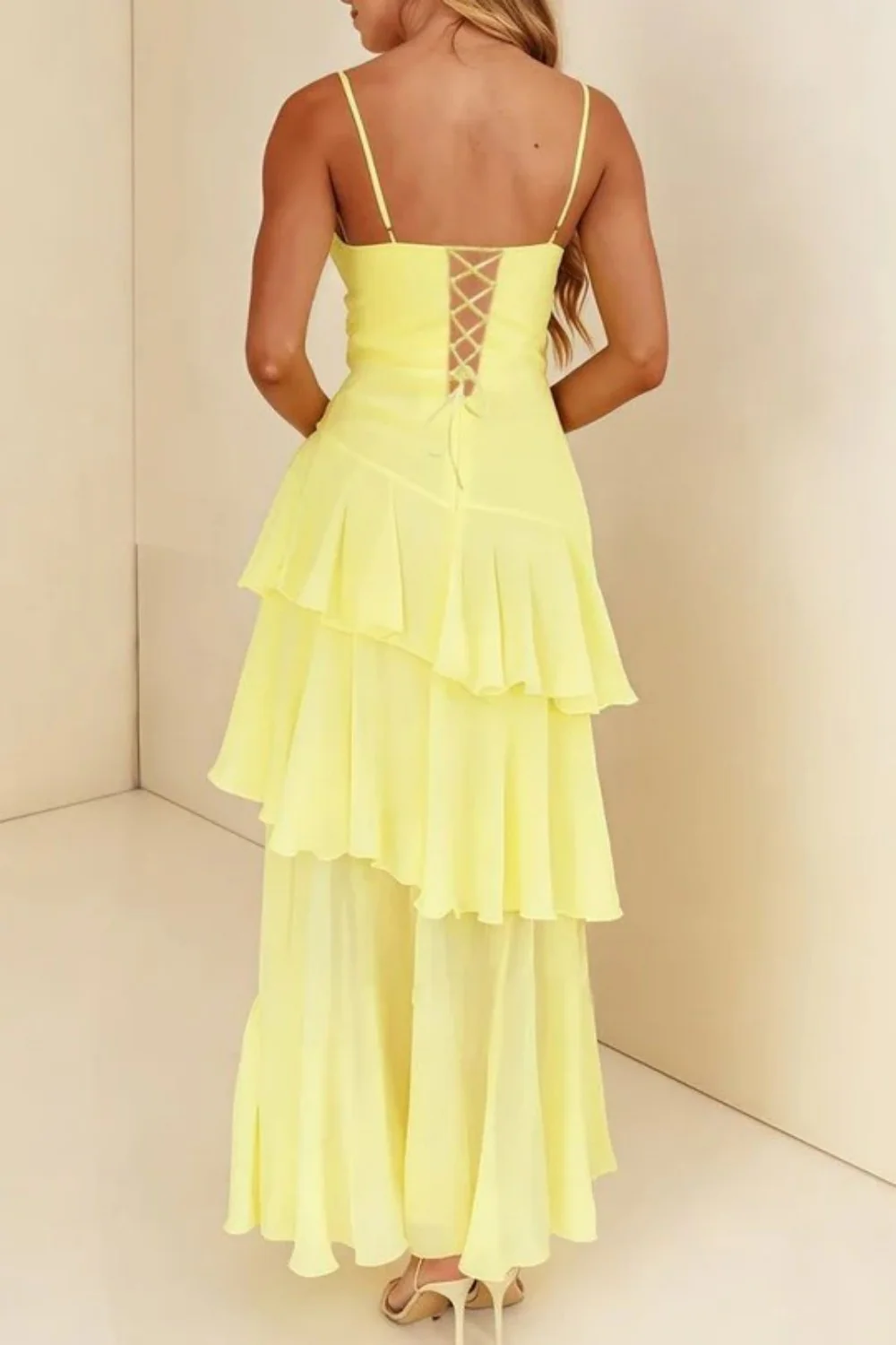 Stylish Yellow Spaghetti Straps Lace Up Tiered Chiffon Prom Gown - Image 4