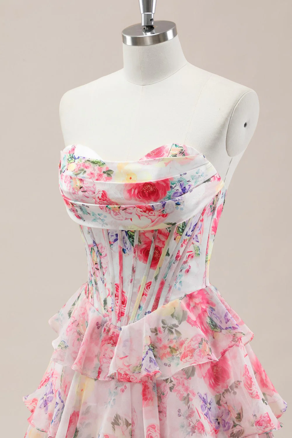 Sweet Floral Print Strapless Prom Gown with Layered Ruffles and Tiered Skirt - Image 6