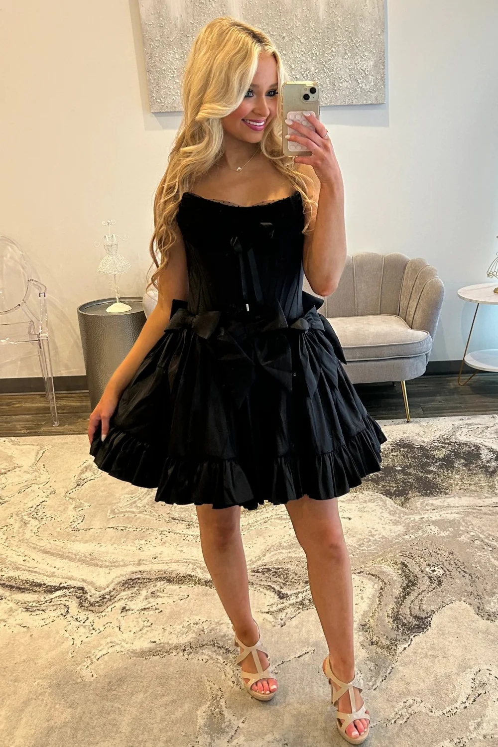 Sweet Pink Strapless Corset Homecoming Dress with Bows and Ruffle Hem - Image 11