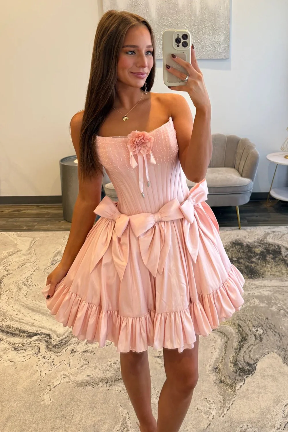 Sweet Pink Strapless Corset Homecoming Dress with Bows and Ruffle Hem - Image 2