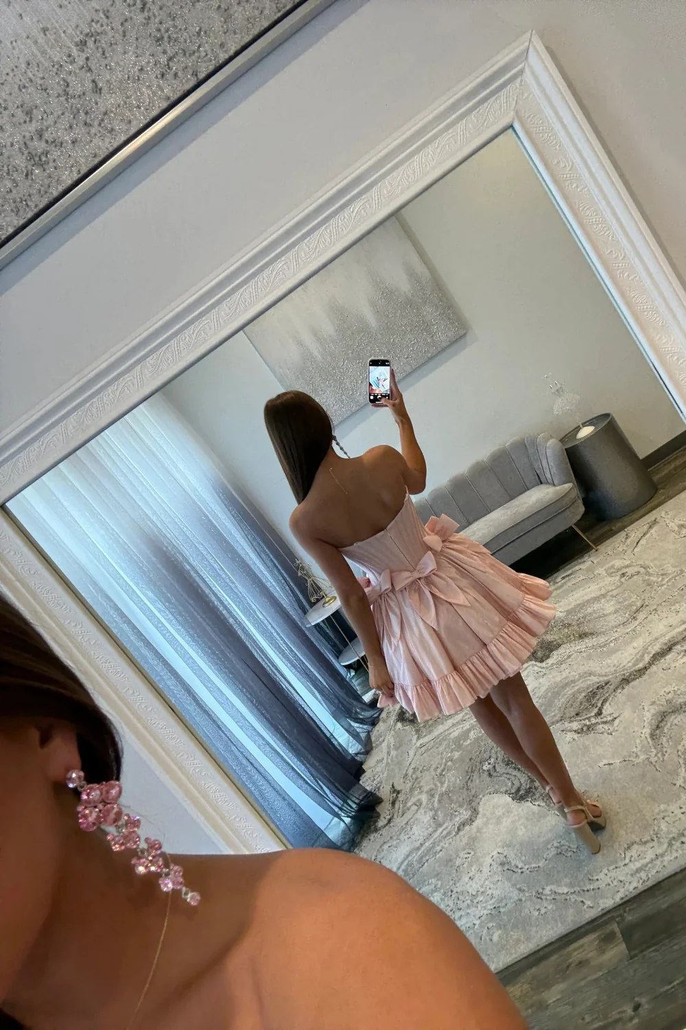 Sweet Pink Strapless Corset Homecoming Dress with Bows and Ruffle Hem - Image 3