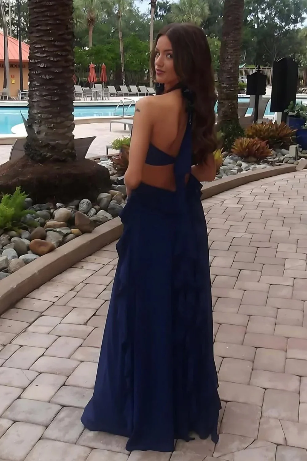 Sweety A Line Halter Neck Pink Long Prom Dress with Keyhole Ruffles - Image 9