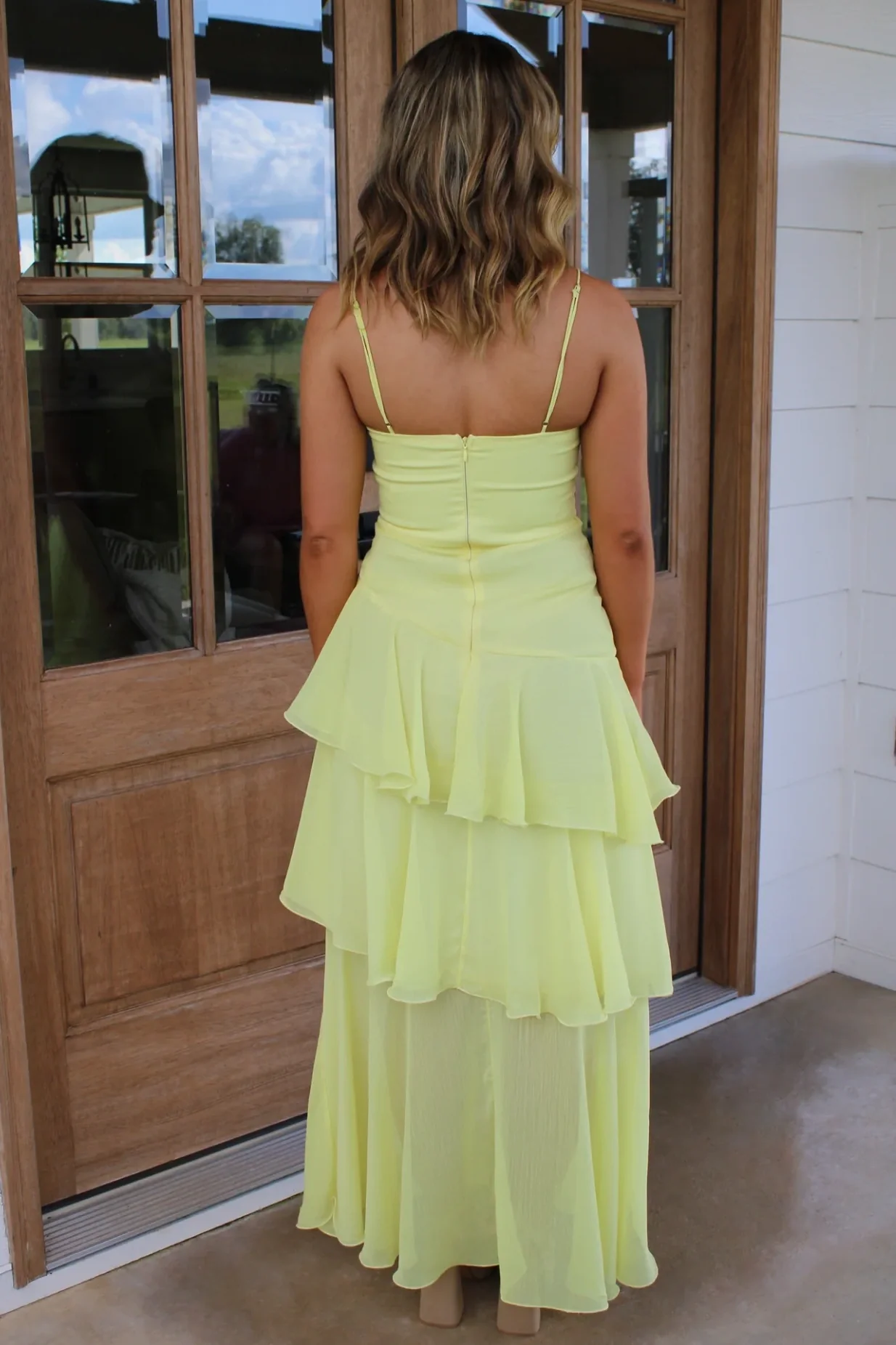 Sweety A Line Spaghetti Straps Yellow Long Prom Dress with Ruffles - Image 2