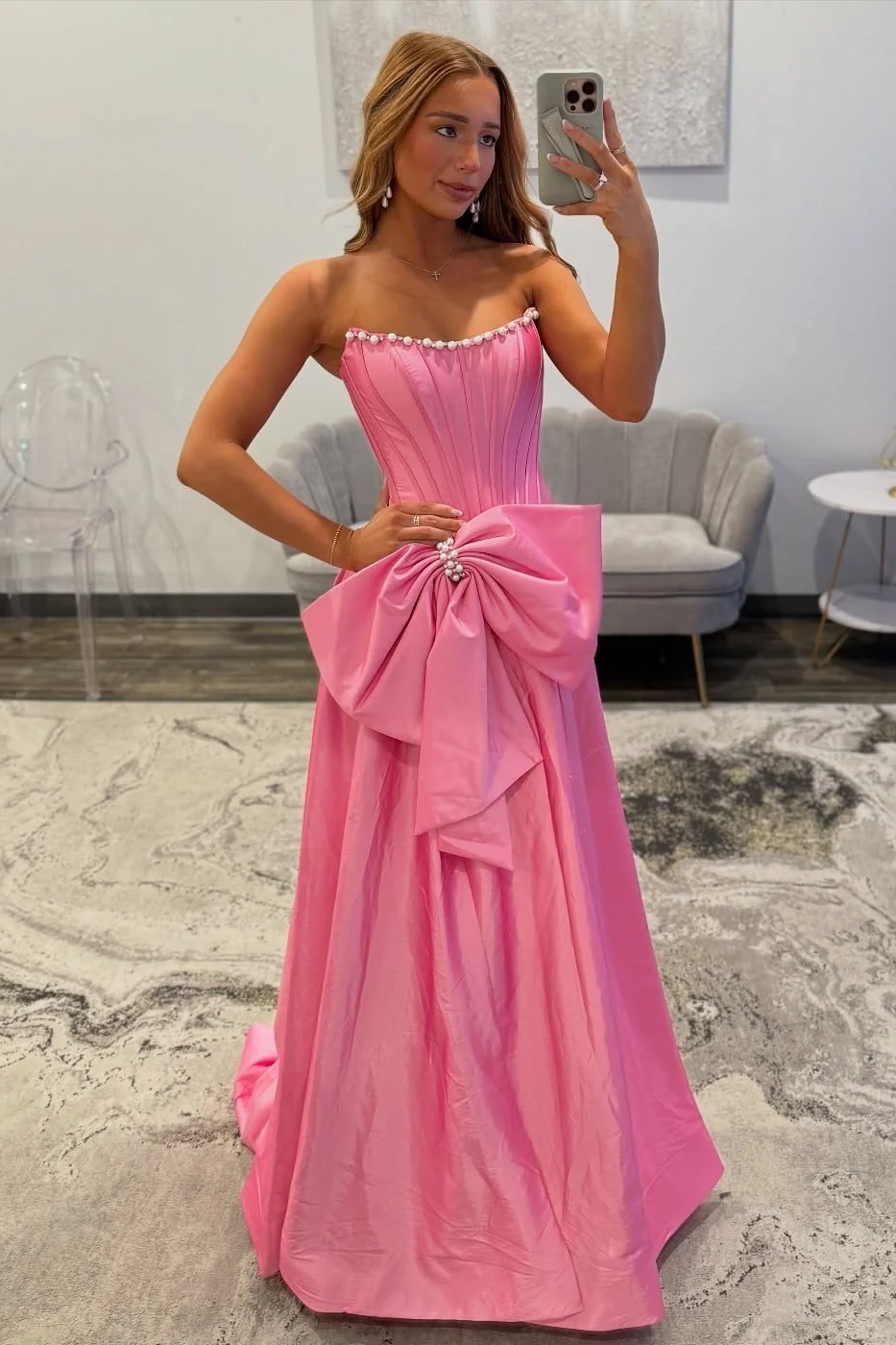 Sweety A Line Strapless Black Long Prom Dress with Bowknot Pearls - Image 5