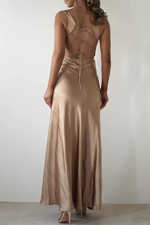 Sweety Satin Square Neck Yellow Long Prom Dress with Criss Cross Back - Image 15