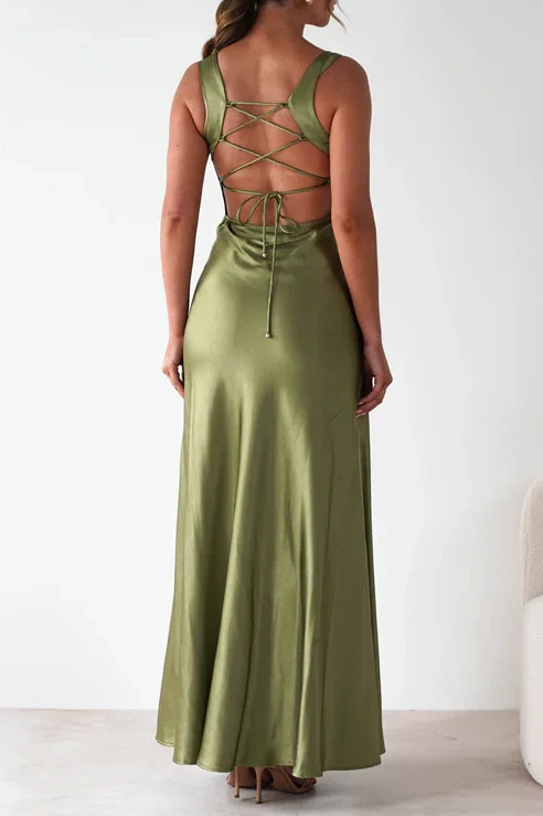Sweety Satin Square Neck Yellow Long Prom Dress with Criss Cross Back - Image 17