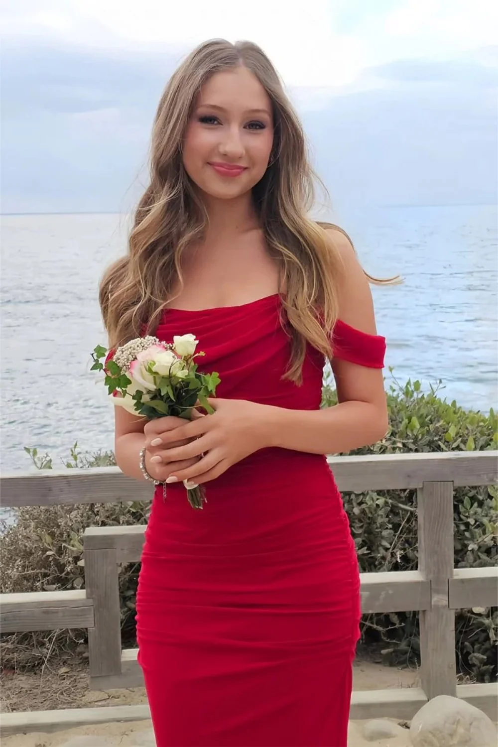 Sweety Sheath Off the Shoulder Red Tea Length Prom Dress with Criss Cross Back - Image 3