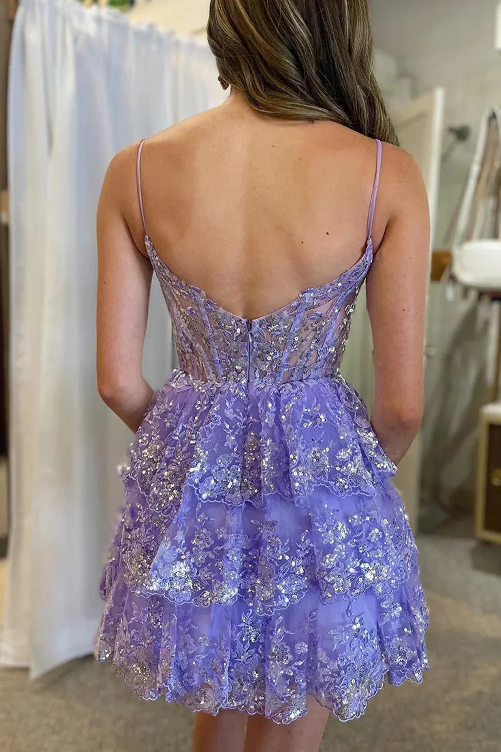 Three Layer Short Homecoming Dress with Spaghetti Straps and Sparkling Appliques - Image 6
