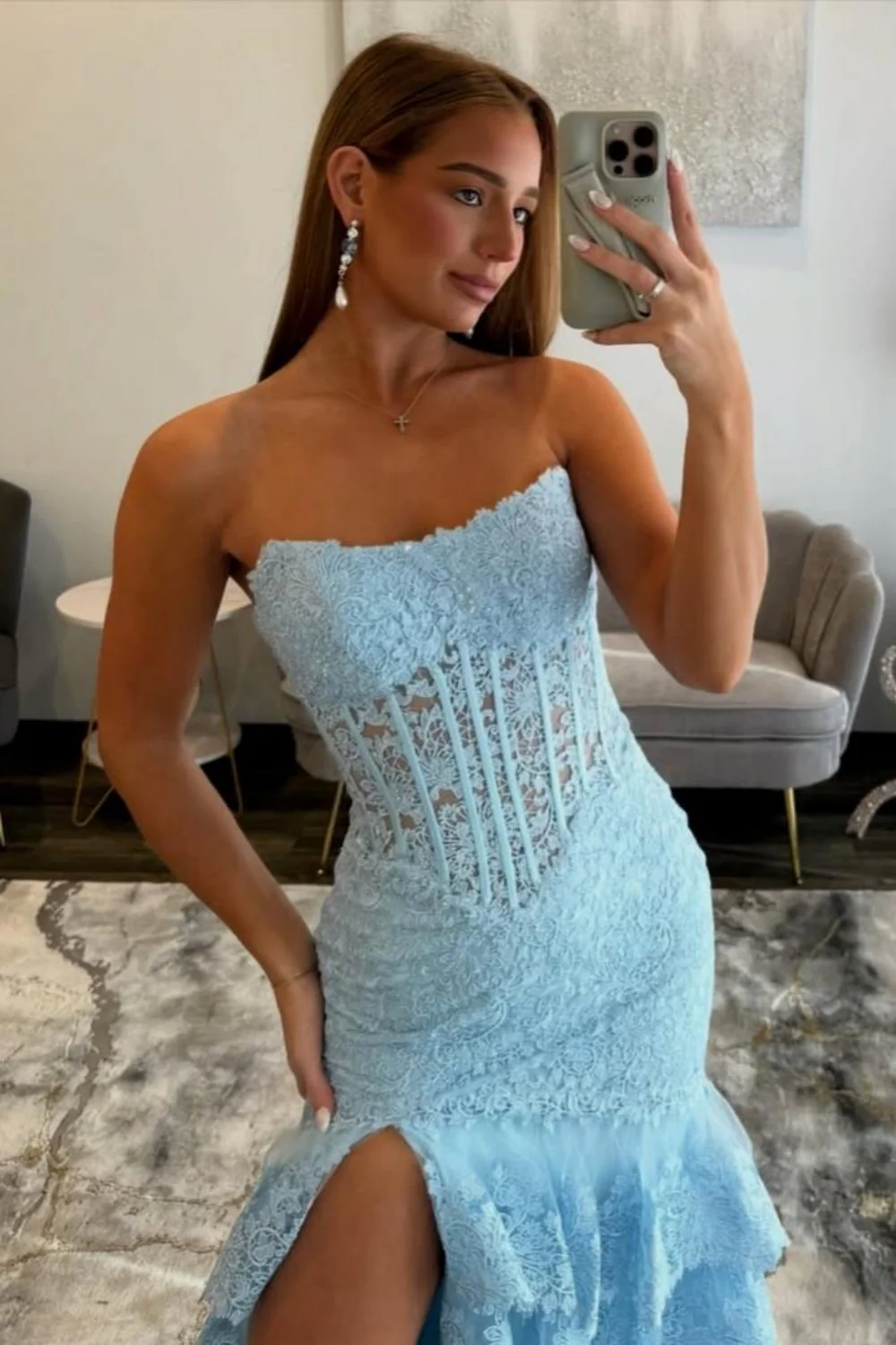 Trendy Light Blue Strapless Lace Corset Mermaid Prom Dress with Slit - Image 3
