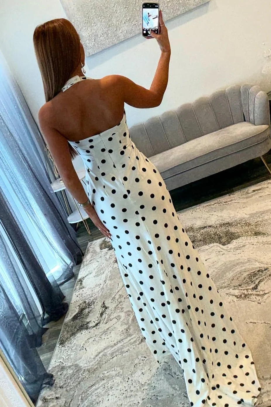 Trendy Mermaid Halter Neck White Polka Dots Long Prom Dress with Split Front - Image 2