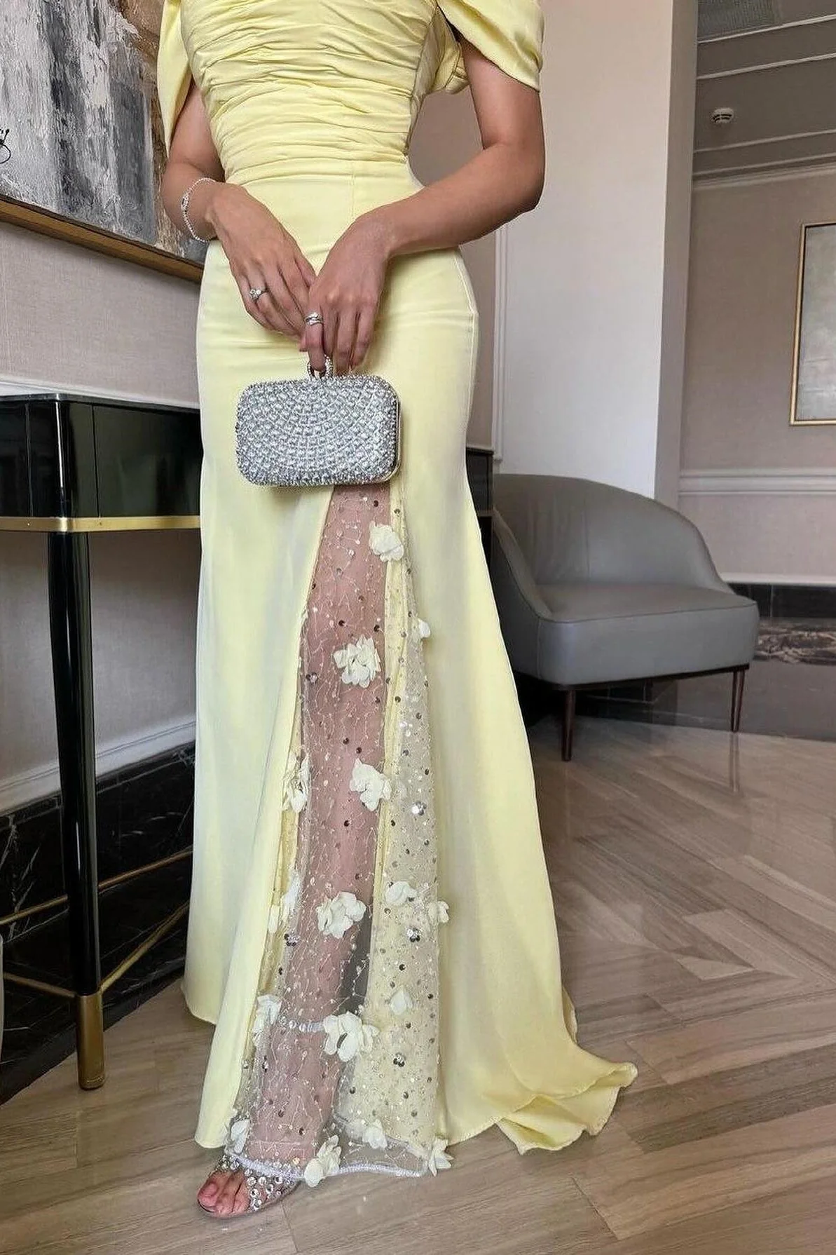 Trendy Mermaid Off the Shoulder Yellow Long Party Dress with Lace Split Front - Image 6