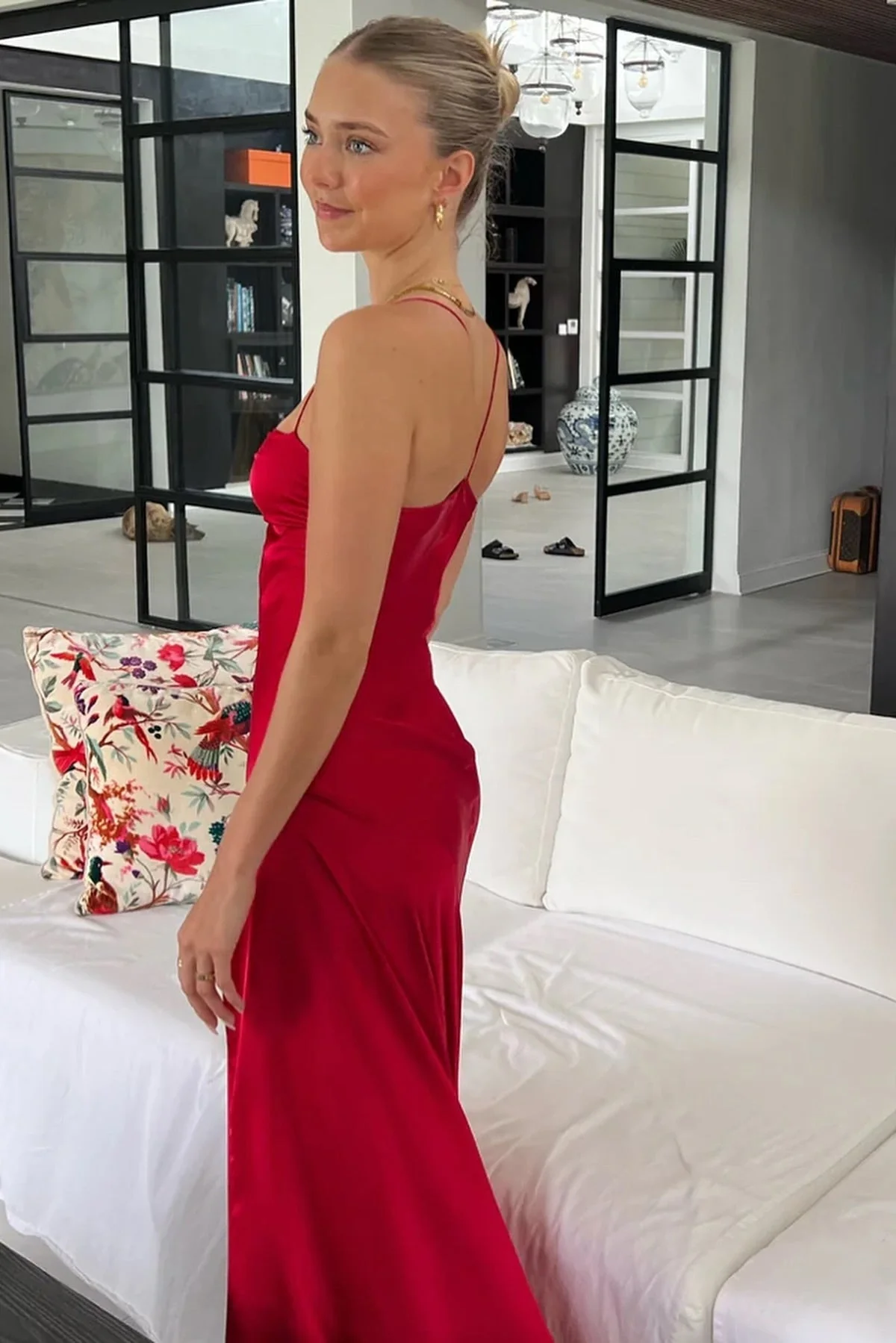 Trendy Sheath Spaghetti Straps Red Long Party Dress with Split Front - Image 3