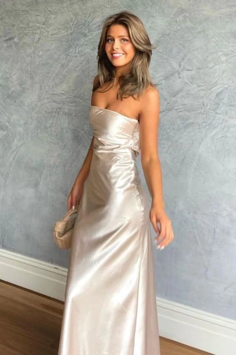 Trendy Sheath Strapless Light Champagne Long Party Dress with Ruched - Image 2